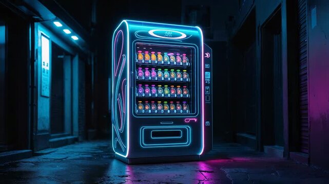 Pulsing neon vending machine cycling glow in nighttime alley, across drink bottles after neon surge
