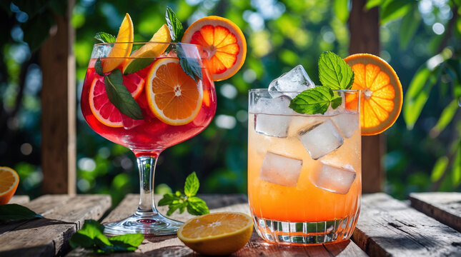 refreshing citrus cocktails on rustic outdoor table surrounded by green tropical plants in natural light of sunny summer afternoon paradise vibe drink advertising wallpaper background