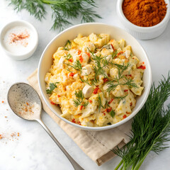 top view delicious egg salad on light background