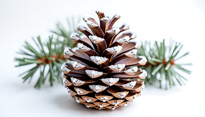 Beautiful pine cone surrounded by green pine branches on a light background for nature decor
