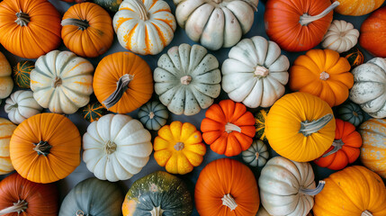 A collection of handmade plaster pumpkins. A banner for autumn seasonal holidays. DIY craft pumpkins for Halloween, Thanksgiving, and fall decorations.