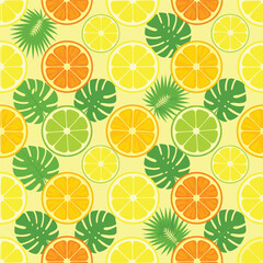 Seamless Summer Pattern with Citrus Slices and Tropical Leaves.