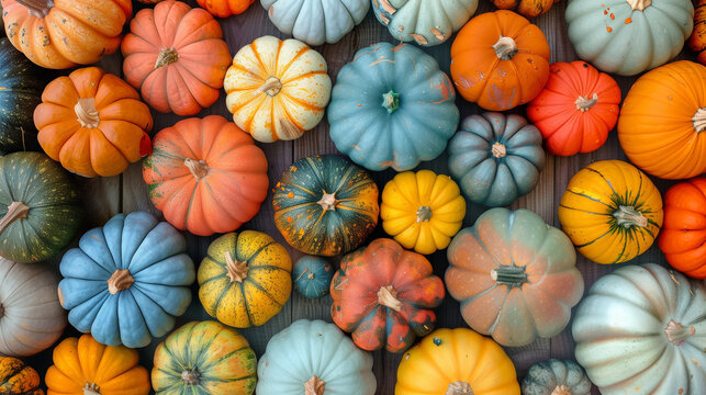 A collection of handmade plaster pumpkins. A banner for autumn seasonal holidays. DIY craft pumpkins for Halloween, Thanksgiving, and fall decorations.