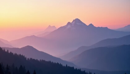 Fototapeta premium Serene Mountain Landscape at Dusk with Colorful Sky and Fog
