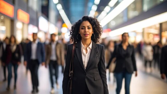 Confident Businesswoman Striding with Purpose Through a Bustling Modern Concourse