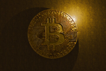 Golden bitcoin coin on textured dark background. Symbol of digital currency, blockchain technology, and modern financial investment. Gold metallic shine and futuristic style. Decentralized finance