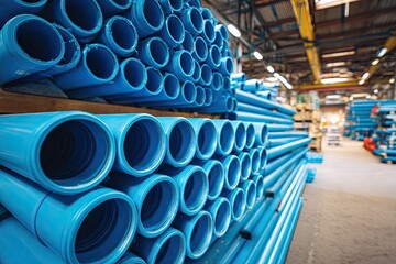 Stacked blue plastic pipes in a warehouse.  Close-up view