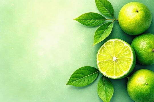 Fresh lime fruit, hand painted watercolor leaves, vibrant green, lime, design