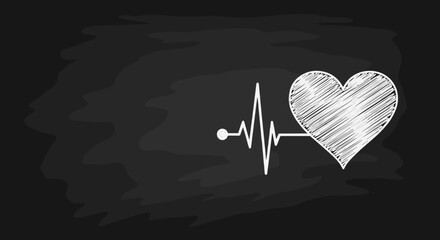 Chalk heart design and ECG line on blackboard symbolize cardiac health. Heart design, alongside electrocardiogram tracing, represents vital signs assessment, providing immediate health information.