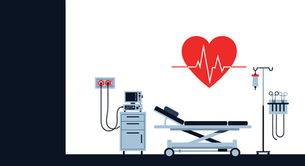 Medical room design featuring heart decal prominently displayed. Medical room design is clean, with hospital bed and equipment visible, plus red heart decal symbolizing care.