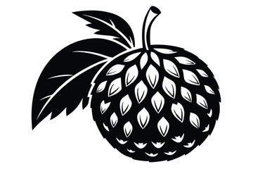 Black and White Soursop Fruit Illustration with Leaves and Stem Vector Icon