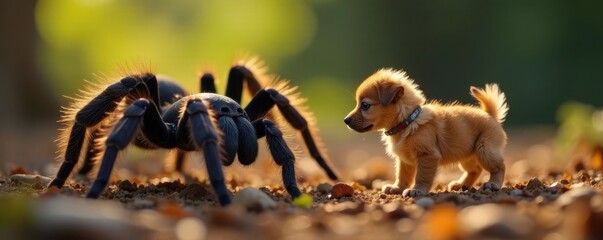Obraz premium Large tarantula observes small dog cautiously , macro, curiosity