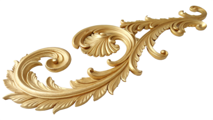 Golden ornamental flourish with intricate leaf patterns on a transparent background. The design features elegant curves and detailed textures.