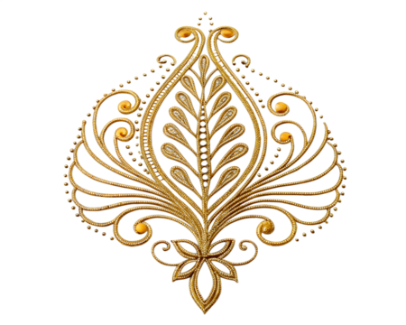 Ornate golden floral design with intricate swirls and leaves on a transparent background. The pattern features elegant curves and dots, creating a decorative motif.