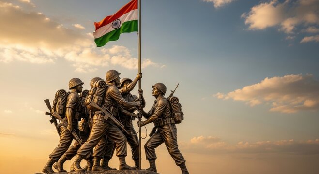 Statue of soldiers raising the indian flag against a sky with clouds at sunset or sunrise time