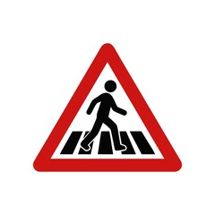 Red Triangle Warning Sign Depicting a Person Crossing a Zebra Crossing or Pedestrian Crossing for Driver Awareness and Safety