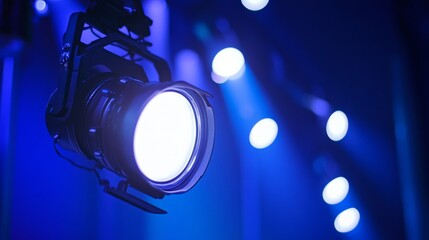 Fototapeta premium Studio spotlight with blue light and lens flare professional photography or film production lighting equipment