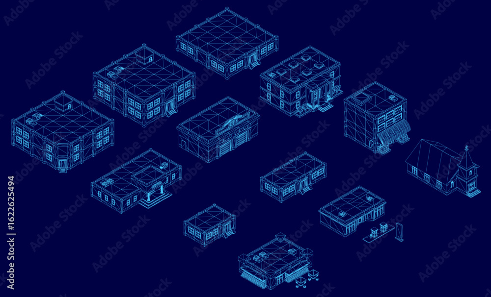 Poster a low poly wireframe blueprint of a building on a blue background, showcasing detailed architectural