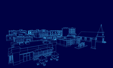 A low poly blueprint of a city with outlined buildings, tables, and chairs on a dark blue background. The contour design features geometric simplicity and modern urban planning aesthetics.