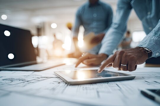 Close-up of hands using a tablet for design review.
