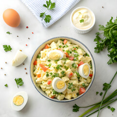 top view delicious egg salad on light background