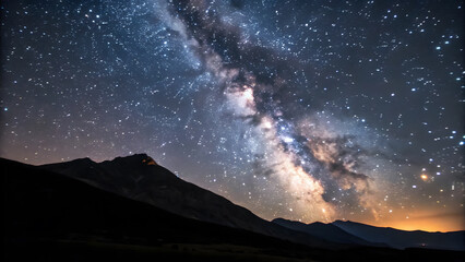 Spectacular milky way galaxy arching across a dark starry night sky above silhouetted mountains