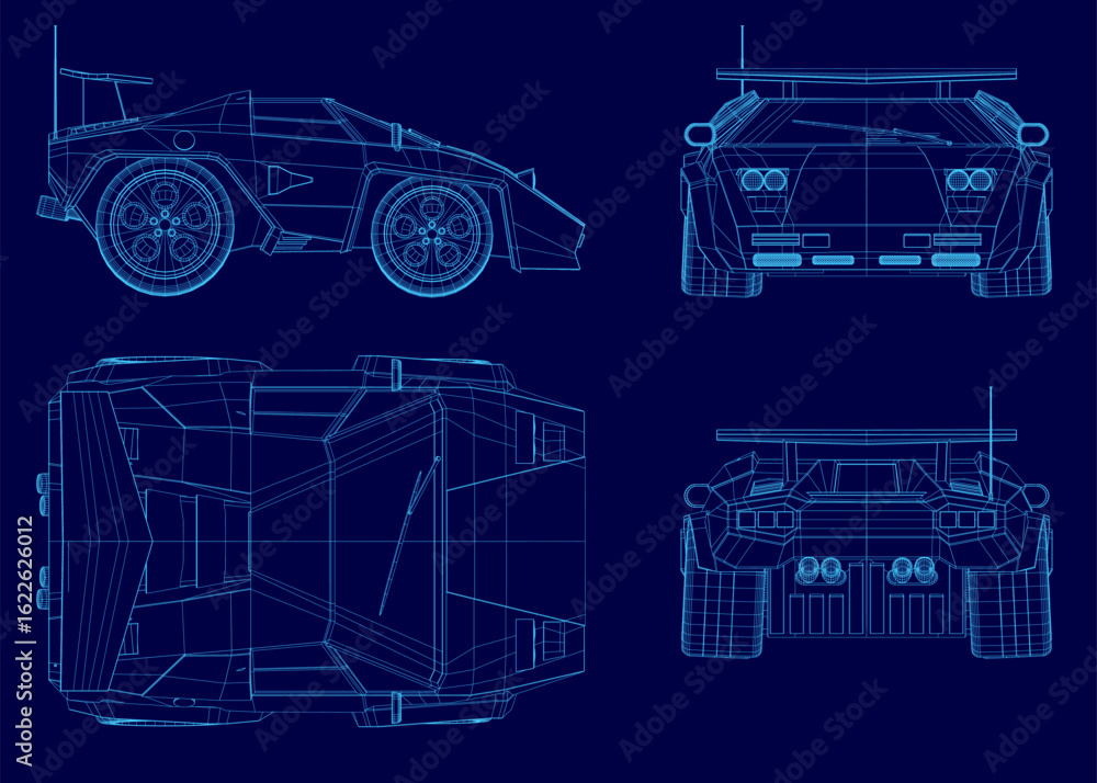 Poster car blueprint features a low-poly wireframe design with intricate lines and precise curves.