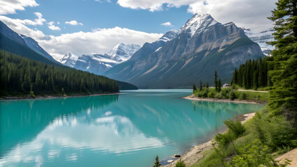 Majestic turquoise lake reflects snow capped mountains and lush green forests under a cloudy blue sky