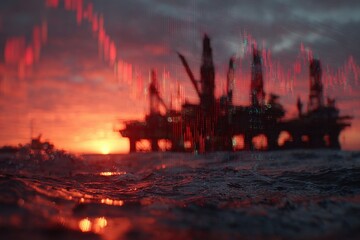Dramatic Sunset Over Oil Rig with Stock Market Overlay Visualization