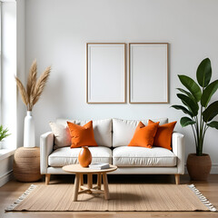 Stylish living room decor with framed art cozy sofa decorative vase modern interior minimalistic design bright colors for home aesthetics