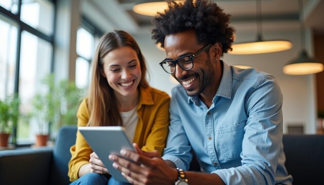 Happy diverse couple enjoying tablet together in modern cafe space - Powered by Adobe
