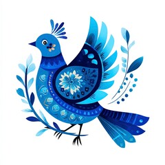 Bright Blue Bird With Intricate Designs Perched on a Leafy Branch Generative AI