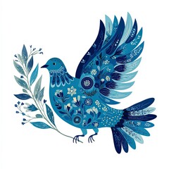Blue Bird With Floral Designs and a Branch in Vibrant Clip Art Style Generative AI