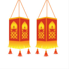 Traditional Orange Hanging Lanterns with Diya Lights and Tassels Illustration