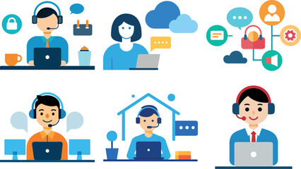 Time management set. Characters using scheduling tools to manage, Call center  prioritize, delegate tasks. Business and organization concept. Vector illustration. 