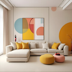Stylish living room decor with framed art cozy sofa decorative vase modern interior minimalistic design bright colors for home aesthetics