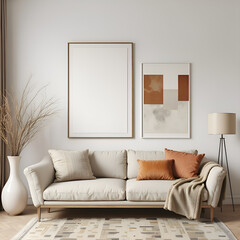 Stylish living room decor with framed art cozy sofa decorative vase modern interior minimalistic design bright colors for home aesthetics