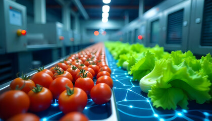 Modern Food Production Line With Tomatoes And Lettuce