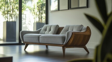 Elegant mid century sofa in bright living room with modern furniture plants and large window natural light