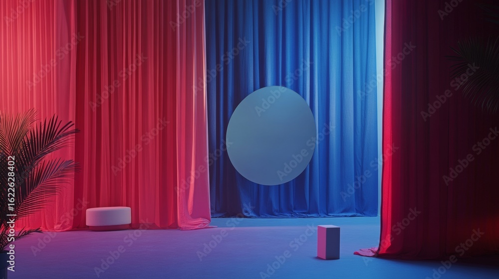 Poster contemporary scene with red and blue curtains circular object and shadows minimal color blocking con