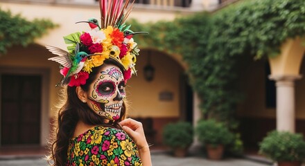 Celebrating Dia de los Muertos with sugar skull makeup. Perfect for festive designs, cultural events, holiday cards, altars, and memorial celebrations. Traditions come alive.