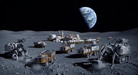 A lunar base construction on the moon with earth in the background
