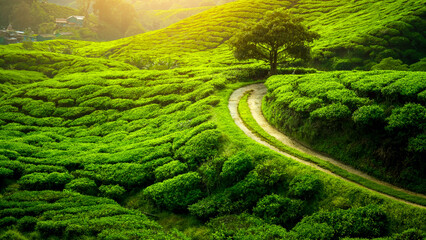 A vibrant green tea plantation with a winding path and a solitary tree under a bright sunlight