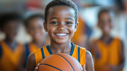 Smiling african american boy 10 years old in basketball uniform holding basketball ball in the center of school gym, other children in sports uniform behind, physical education lesson