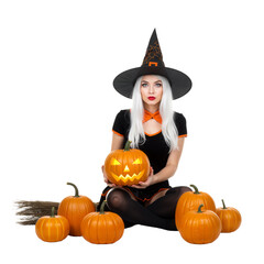Fototapeta premium Witch with Glowing Pumpkin: Festive Halloween Spirit and Charm