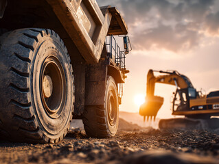Heavy Construction Machinery in Action at Sunset