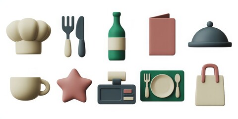 Set of 10 3D restaurants and food service icons on a white background, ideal for food apps, menus, and hospitality branding