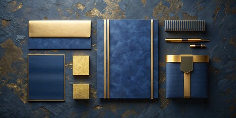 Elegant Business Stationery Arrangement Featuring Blue and Gold Accents for Sophisticated Corporate Presentation