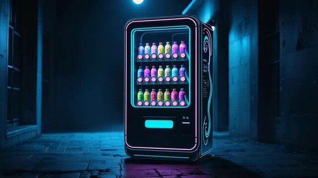 Revealing neon-outlined vending machine pulsating blue, pink and green in dark alley, lit bottles