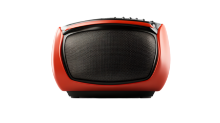 Vintage red radio with black mesh grill and knobs for tuning